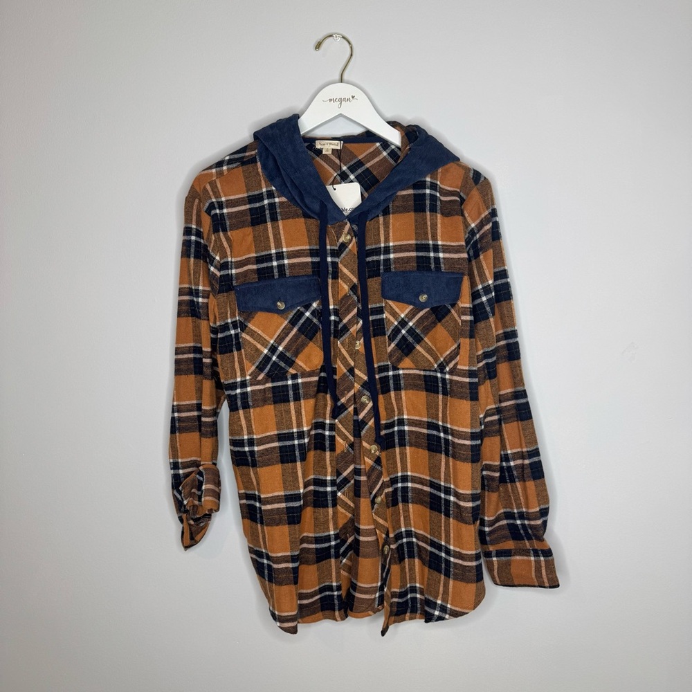 NWT | Hem & Thread Orange and Navy Plaid Button-Down Shirt | Size Large
